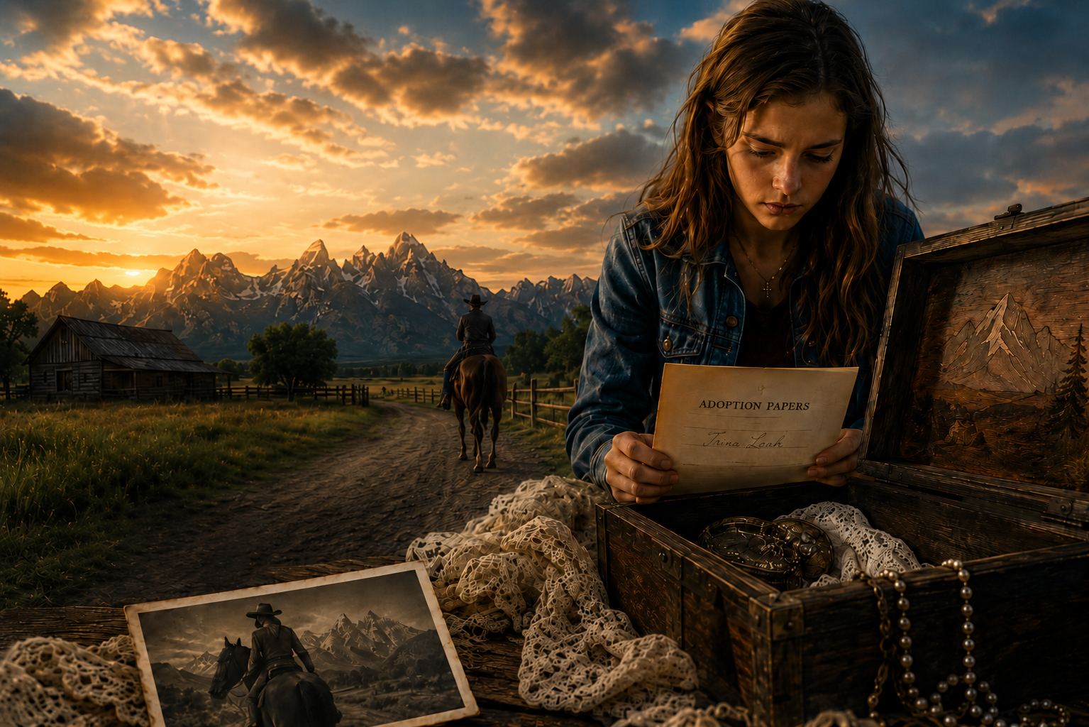 A young woman reads old papers from a cedar chest at sunset beneath the Tetons, a rider on the road behind her