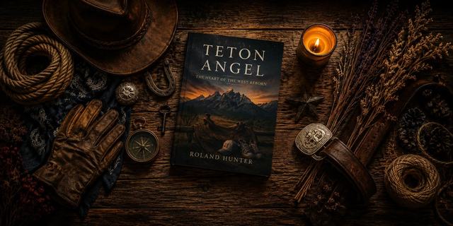 Teton Angel hardcover on a rustic table with a cowboy hat, rope and lantern